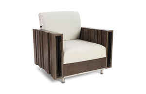 Phillips Collection Barcode Club Chair Sculptural Rustic Wood Frame with Steel Inlay and White Cushion PH75341