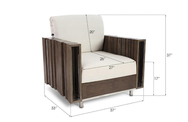 Phillips Collection Barcode Club Chair Sculptural Rustic Wood Frame with Steel Inlay and White Cushion PH75341