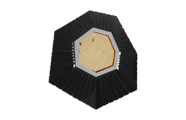 Phillips Collection Hex Sculptural Wall Tile with Brass Mirror Insert and Glossy Black Asymmetric Frame LG PH80016