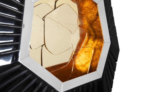 Phillips Collection Hex Sculptural Wall Tile with Brass Mirror Insert and Glossy Black Asymmetric Frame LG PH80016