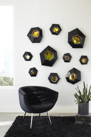 Phillips Collection Hex Sculptural Wall Tile with Brass Mirror Insert and Glossy Black Asymmetric Frame LG PH80016