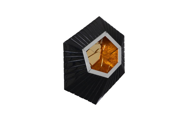 Phillips Collection Hex Sculptural Wall Tile with Brass Mirror Insert and Glossy Black Asymmetric Frame MD PH80017