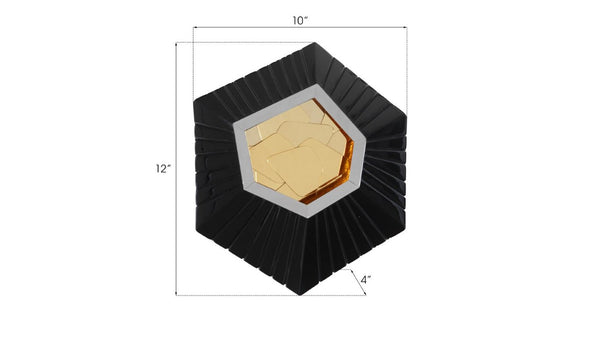 Phillips Collection Hex Sculptural Wall Tile with Brass Mirror Insert and Glossy Black Asymmetric Frame MD PH80017