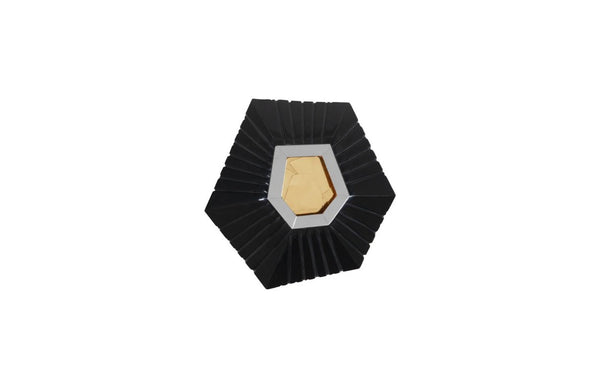 Phillips Collection Hex Sculptural Wall Tile with Brass Mirror Insert and Glossy Black Asymmetric Frame XS PH80019