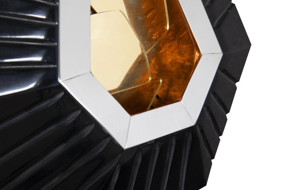 Phillips Collection Hex Sculptural Wall Tile with Brass Mirror Insert and Glossy Black Asymmetric Frame XS PH80019