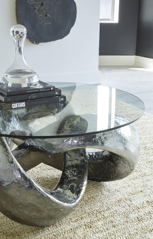 Phillips Collection Trifoil Sculptural Loop Coffee Table with Tempered Glass Top in Silver Metallic Finish PH80677
