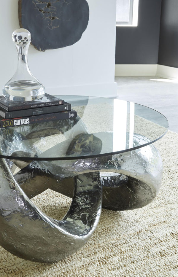 Phillips Collection Trifoil Sculptural Loop Coffee Table with Tempered Glass Top in Silver Metallic Finish PH80677