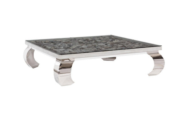 Phillips Collection Shell Inlay Coffee Table Tempered Glass Over Mollusk Art with Ming Steel Legs PH81449
