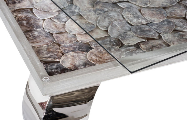 Phillips Collection Shell Inlay Coffee Table Tempered Glass Over Mollusk Art with Ming Steel Legs PH81449