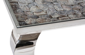 Phillips Collection Shell Inlay Coffee Table Tempered Glass Over Mollusk Art with Ming Steel Legs PH81449