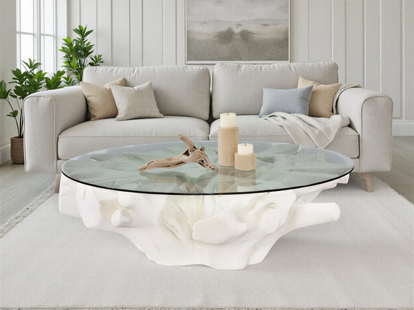 Phillips Collection Sono Cast Root Coffee Table with Glass Top - Unique Roman Stone Design for Indoor & Outdoor Use PH83595