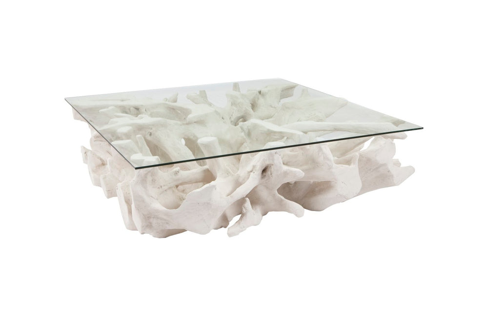 Phillips Collection Cast Root Coffee Table - Organic Sculptural Design in Off-White Stone with Elegant Glass Top PH87195
