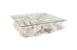Phillips Collection Cast Root Coffee Table - Organic Sculptural Design in Off-White Stone with Elegant Glass Top PH87195