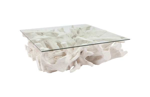 Phillips Collection Cast Root Coffee Table - Organic Sculptural Design in Off-White Stone with Elegant Glass Top PH87195
