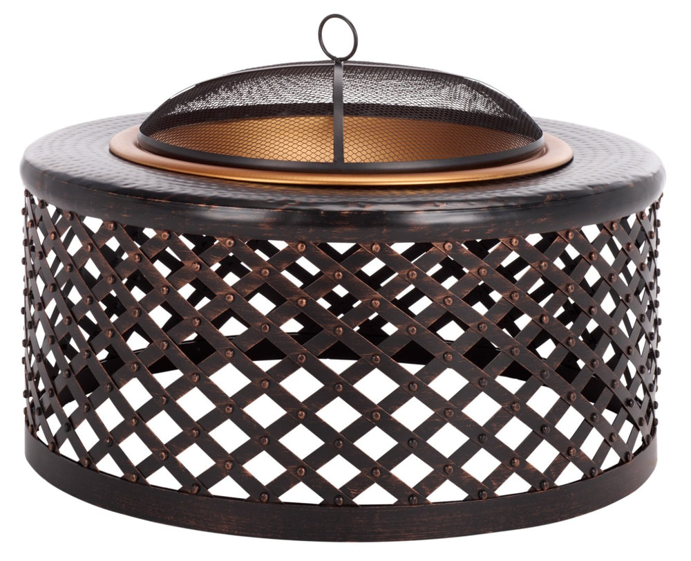 Safavieh JAMACIA Fire Pit - Rustic Copper & Black, Lattice Bowl, Spark Screen for Cozy Outdoor Gatherings PIT1007A