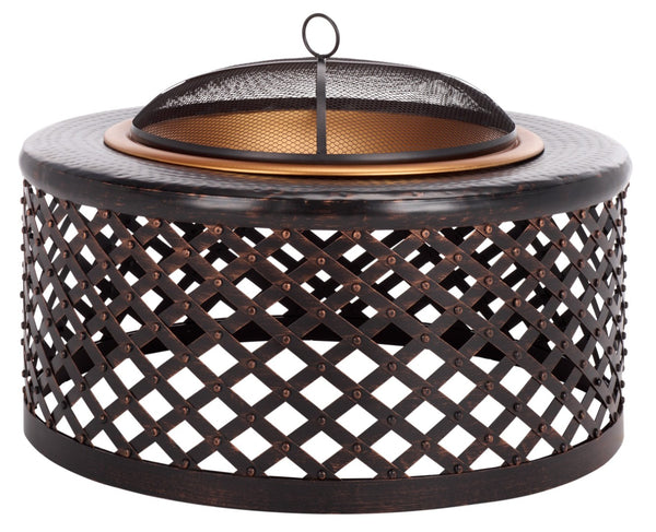 Safavieh JAMACIA Fire Pit - Rustic Copper & Black, Lattice Bowl, Spark Screen for Cozy Outdoor Gatherings PIT1007A