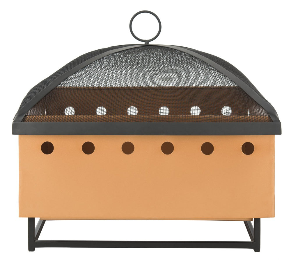 Safavieh WYATT Modern Square Fire Pit in Black & Copper with Safe Removable Screen & Log Tongs for Outdoors PIT2004A
