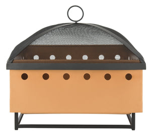 Safavieh WYATT Modern Square Fire Pit in Black & Copper with Safe Removable Screen & Log Tongs for Outdoors PIT2004A