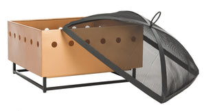 Safavieh WYATT Modern Square Fire Pit in Black & Copper with Safe Removable Screen & Log Tongs for Outdoors PIT2004A