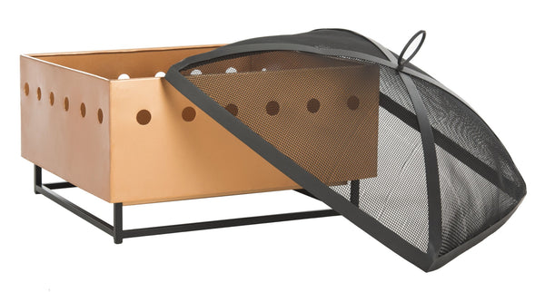 Safavieh WYATT Modern Square Fire Pit in Black & Copper with Safe Removable Screen & Log Tongs for Outdoors PIT2004A
