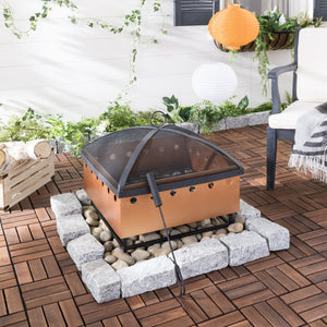 Safavieh WYATT Modern Square Fire Pit in Black & Copper with Safe Removable Screen & Log Tongs for Outdoors PIT2004A