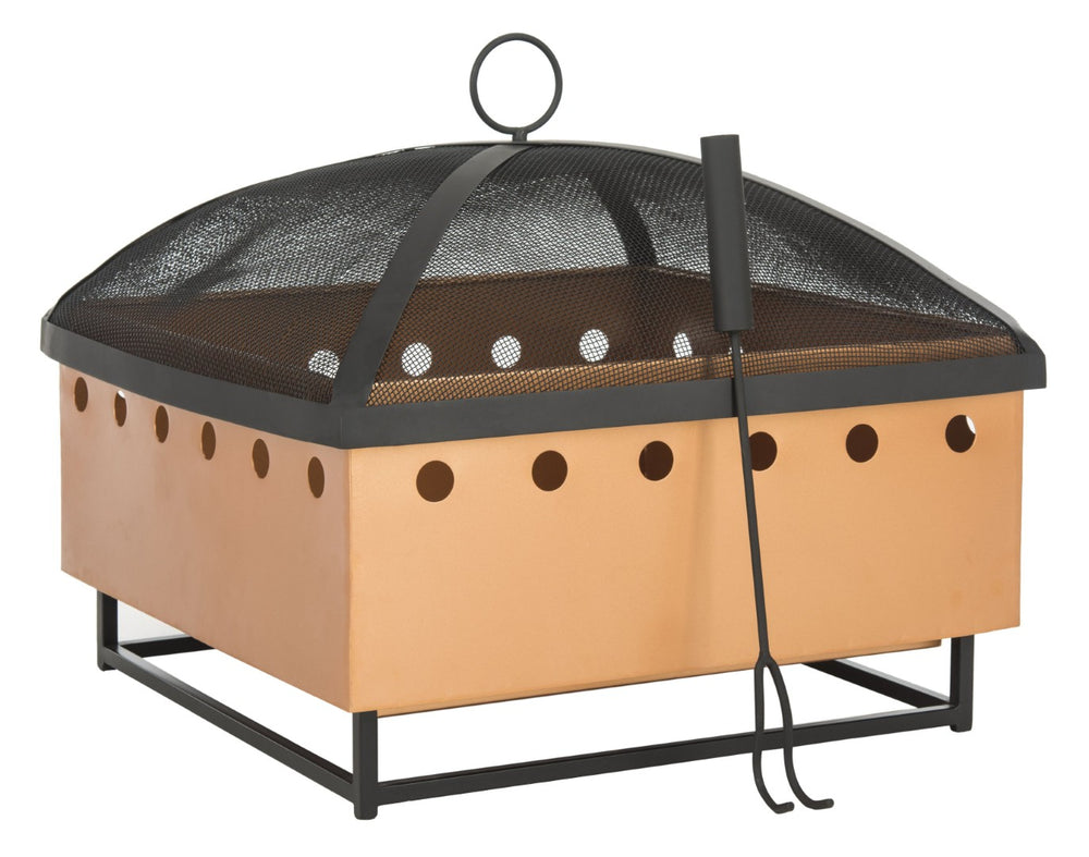 Safavieh WYATT Modern Square Fire Pit in Black & Copper with Safe Removable Screen & Log Tongs for Outdoors PIT2004A