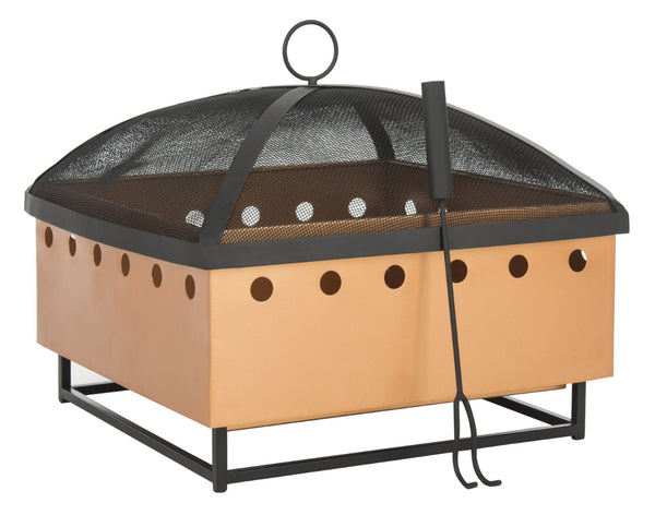 Safavieh WYATT Modern Square Fire Pit in Black & Copper with Safe Removable Screen & Log Tongs for Outdoors PIT2004A