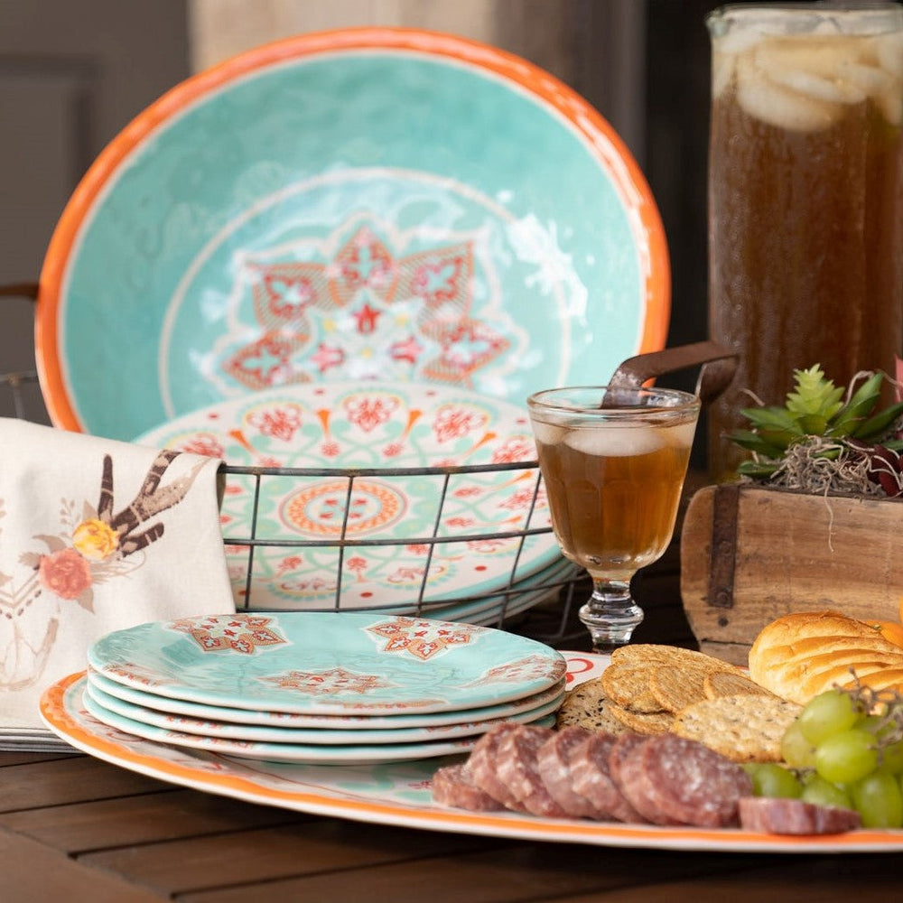 Hiend Accents Western Melamine Dinnerware Set – 10-piece Vibrant Collection With Intricate Medallion Designs Turquoise,Red Melamine Pk500110