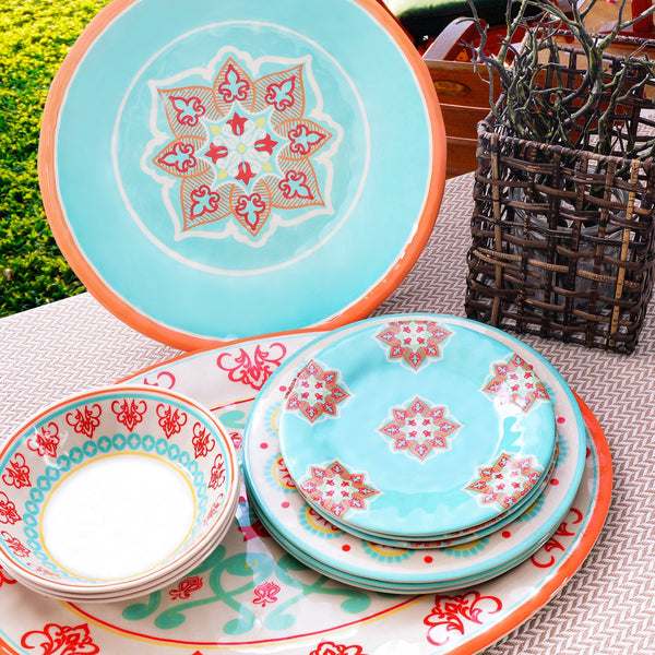 Hiend Accents Western Melamine Dinnerware Set – 10-piece Vibrant Collection With Intricate Medallion Designs Turquoise,Red Melamine Pk500110