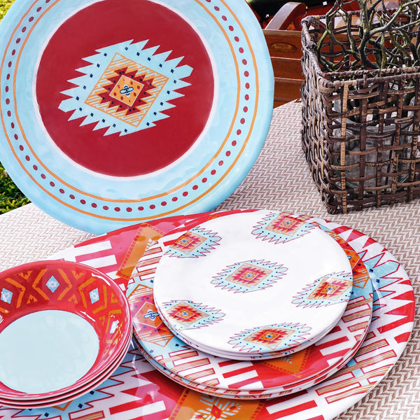 Hiend Accents Southwest Melamine Dinnerware Set - 14-piece Colorful Collection For Stylish Dining & Entertaining Turquoise,Red Melamine Pk500214