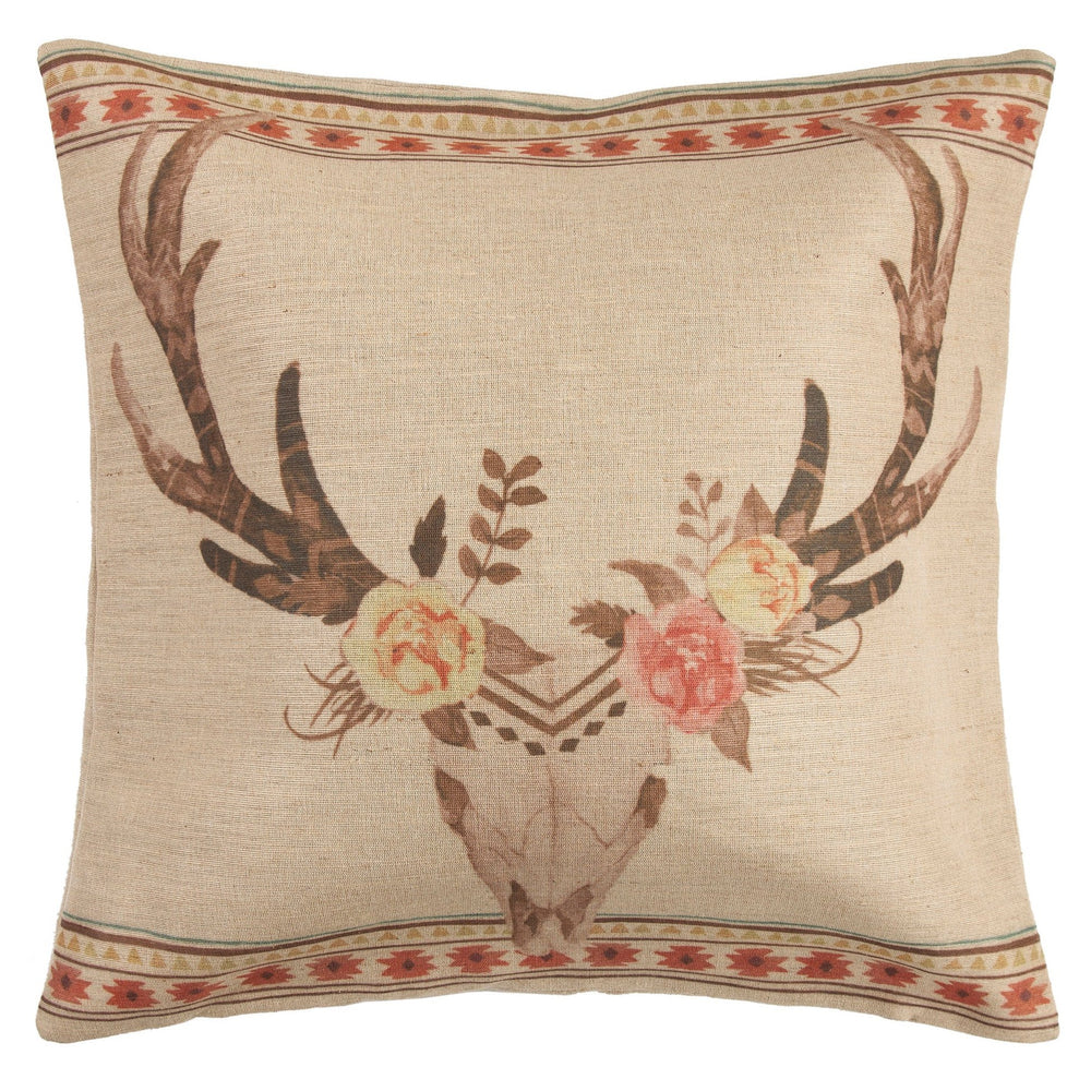 Hiend Accents Desert Skull Flower Burlap Throw Pillow - Southwestern Charm With Vibrant Aztec Design & Comfort Tan,Pink Shell, 100% Polyester,Fill, 100% Waterfowl Feathers Pl1812