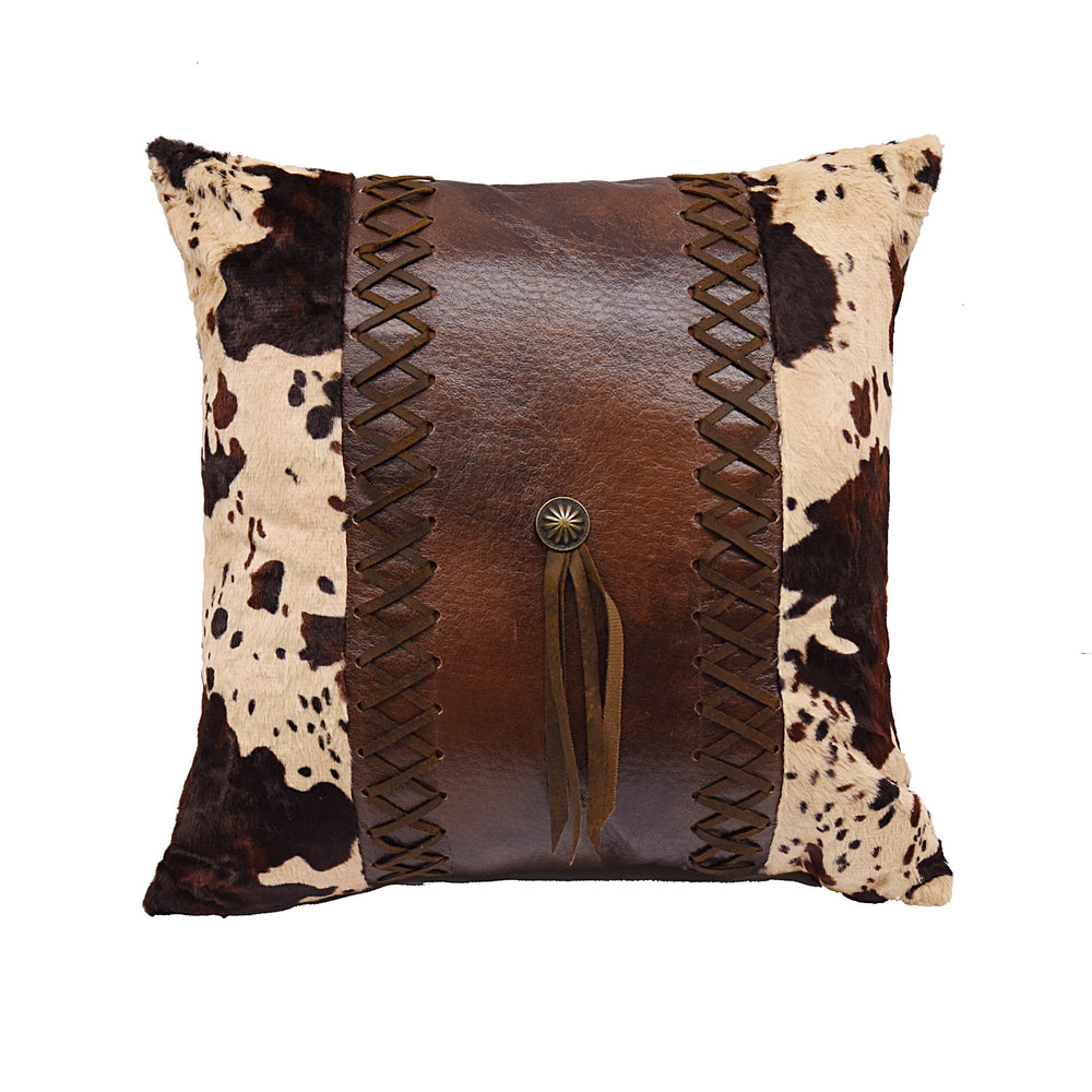 Hiend Accents Cowhide Decorative Throw Pillow With Luxurious Concho Accent And Lace-up Faux Leather Detailing Brown,Cream Shell, 100% Polyester,Fill, 100% Polyester Pl3127