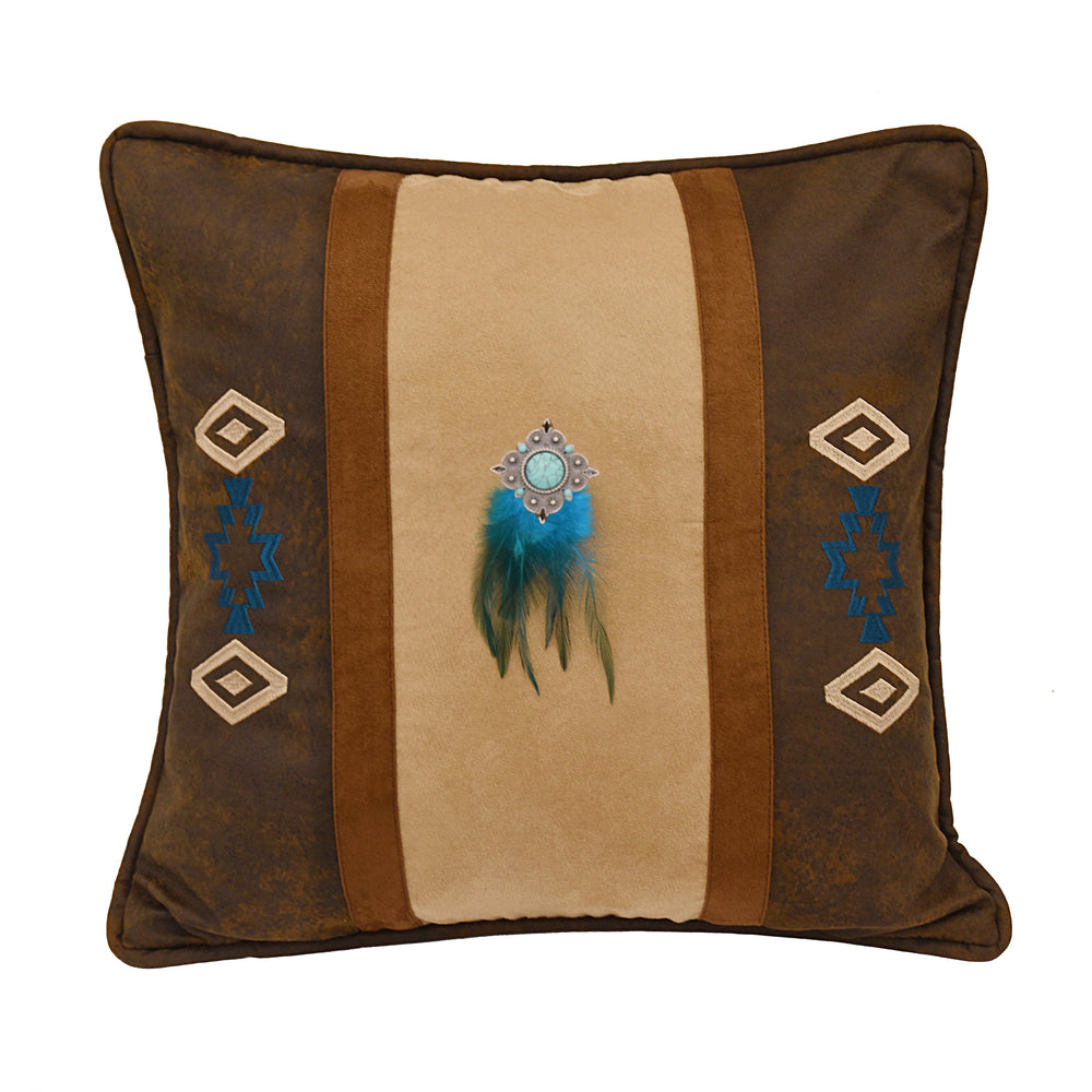 Hiend Accents Tan Southwestern Feather Pillow - Stunning Faux Turquoise Medallion & Colorful Design For Home Décor Brown,Tan,Blue Shell, 100% Polyester,Fill, 100% Waterfowl Feathers Pl3138