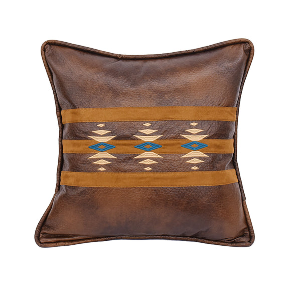 Hiend Accents Faux Leather Geometric Embroidered Throw Pillow - Southwestern Charm & Style For Your Home Decor Brown,Tan Shell, 100% Polyester,Fill, 100% Waterfowl Feathers Pl3140