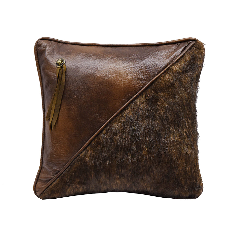 Hiend Accents Half Faux Fur & Faux Leather Throw Pillow - Rustic Elegance With Concho Accents For Cozy Decor Brown Shell, 100% Polyester,Fill, 100% Polyester Pl3141