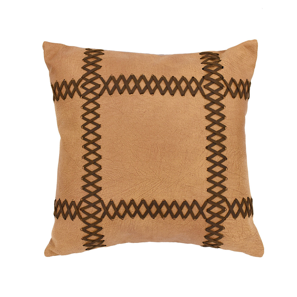 Hiend Accents Faux Leather Cross Stitched Decorative Throw Pillow - Enhance Your Rustic Home Aesthetics Today! Tan,Brown Shell, 100% Polyester. Filling, 100% Polyester Pl3145