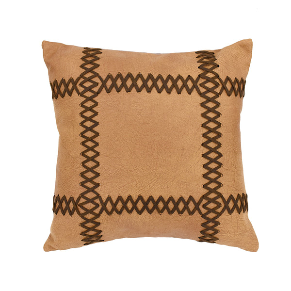 Hiend Accents Faux Leather Cross Stitched Decorative Throw Pillow - Enhance Your Rustic Home Aesthetics Today! Tan,Brown Shell, 100% Polyester. Filling, 100% Polyester Pl3145
