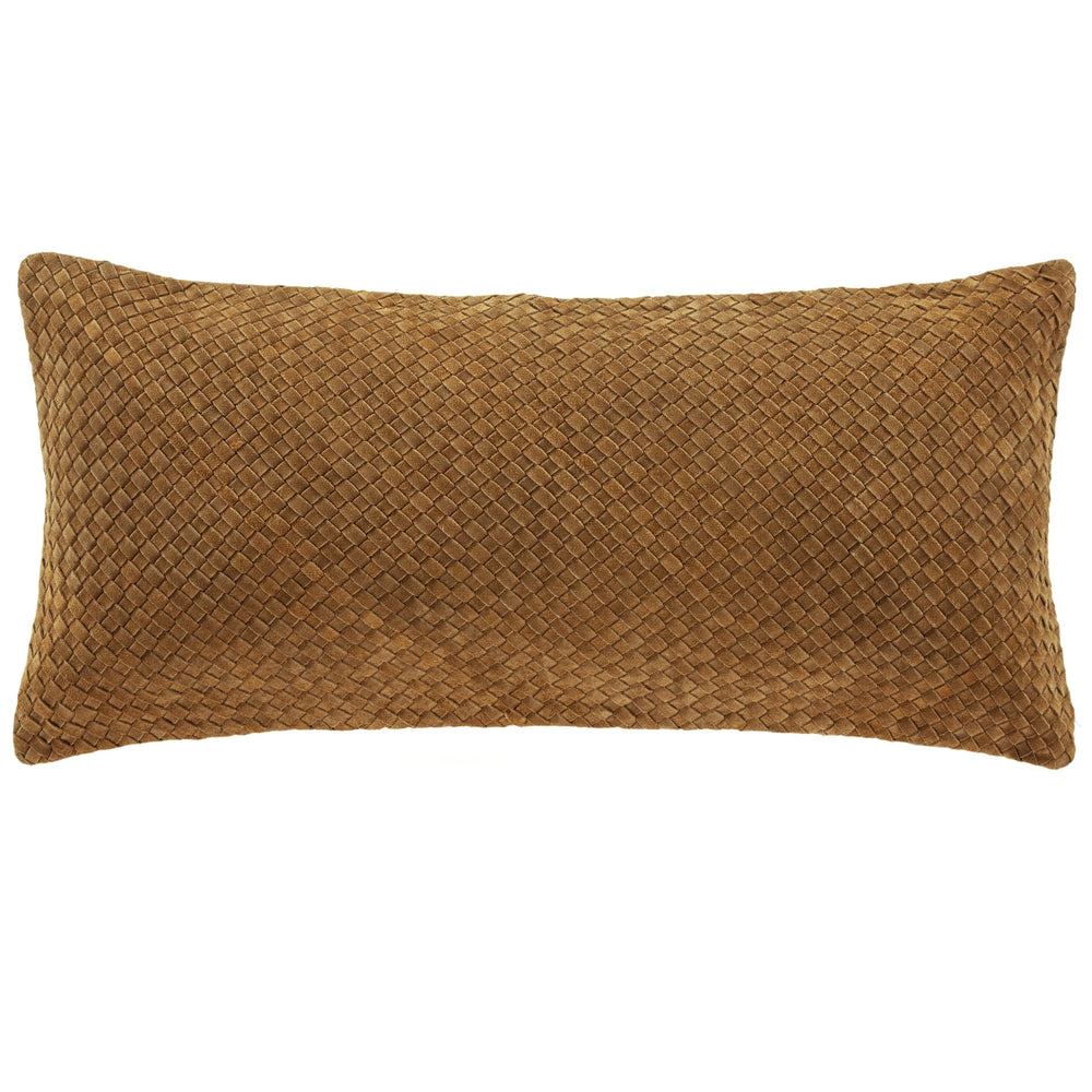Hiend Accents Woven Long Lumbar Pillow – Luxurious Hand-woven Suede & Basket Weave Design For Elegant Spaces Brown Shell, 100% Leather,Fill, 100% Waterfowl Feathers Pl5018