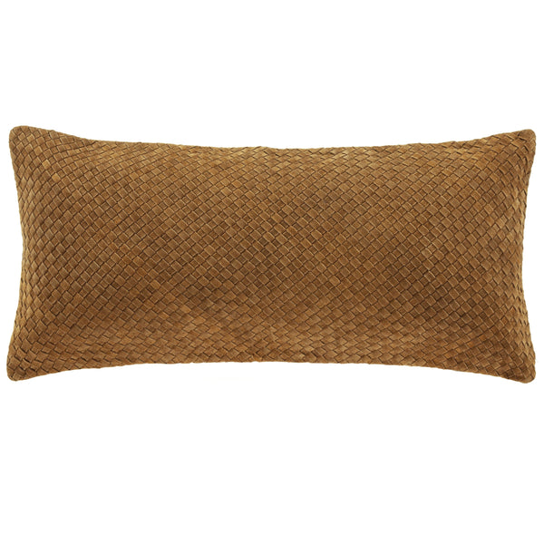 Hiend Accents Woven Long Lumbar Pillow – Luxurious Hand-woven Suede & Basket Weave Design For Elegant Spaces Brown Shell, 100% Leather,Fill, 100% Waterfowl Feathers Pl5018