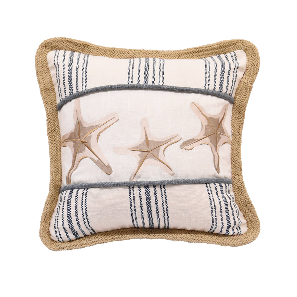 Hiend Accents Starfish Embroidered Coastal Accent Pillow - Elegant Navy Stripes With Natural Trim For Your Home Multi Shell, 100% Polyester. Filling, 100% Polyester Pl6124