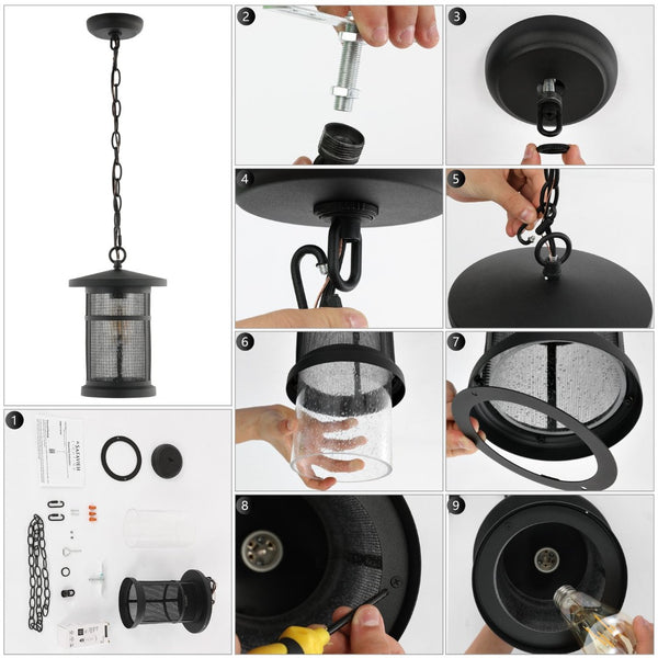 Safavieh OSPREY, 8-Inch Extendable Black Iron & Glass Outdoor Pendant Light for Elegant Illumination PLT4030A