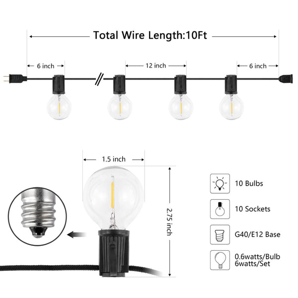 Safavieh LEIGH, 10-Light Outdoor String Light, 120-Inch Black Metal & Glass for Stylish Patio Illumination PLT4041A