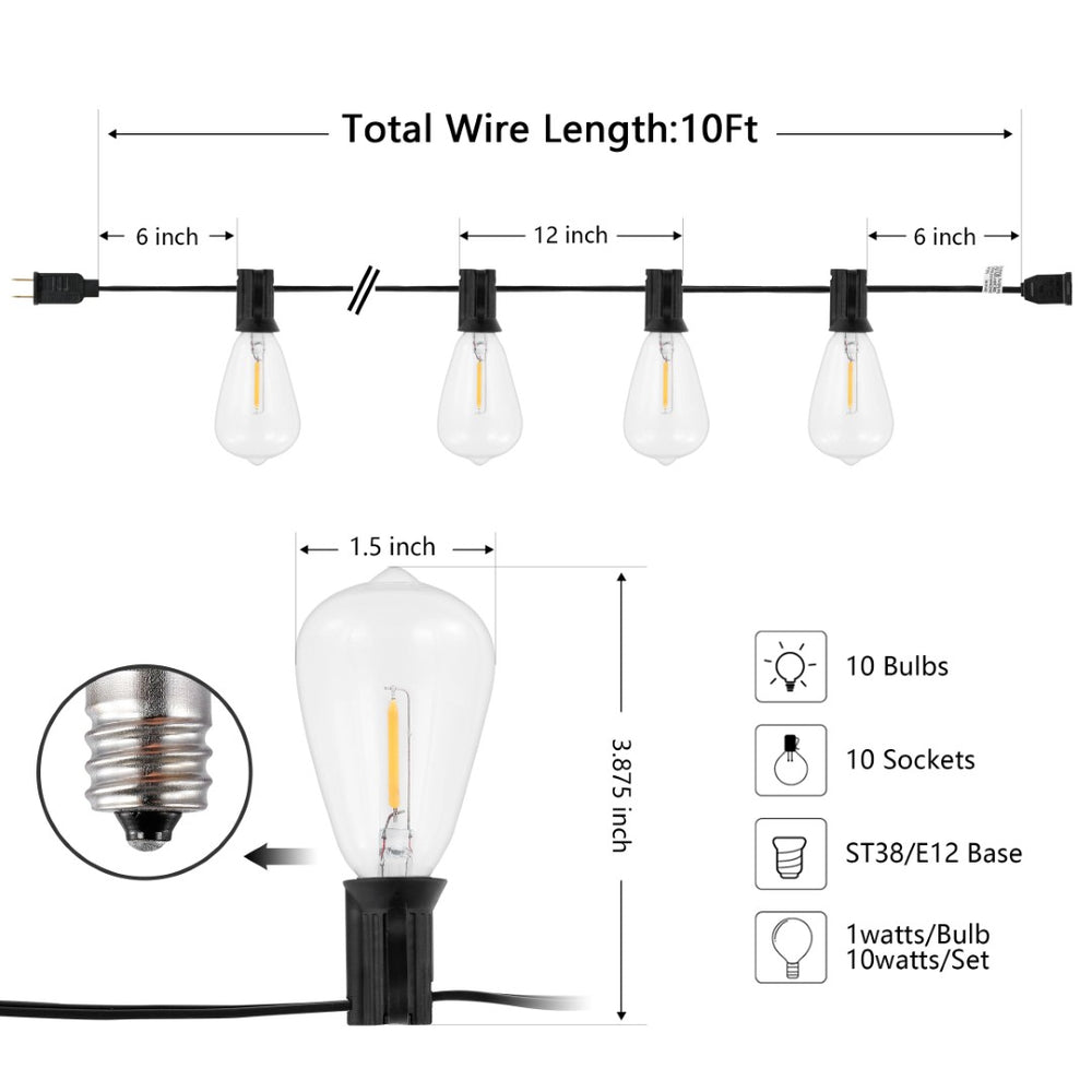Safavieh DORCIA, 10-Light Black Metal/Glass Outdoor String Lights - 120 Inch Warm Glow for Any Occasion PLT4043A
