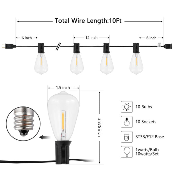 Safavieh DORCIA, 10-Light Black Metal/Glass Outdoor String Lights - 120 Inch Warm Glow for Any Occasion PLT4043A