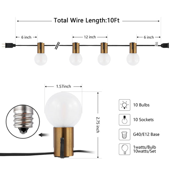 Safavieh FARRYNN, 10-Light 120" Outdoor String Lights - Elegant Brass & Black Design for Inviting Ambiance PLT4044A