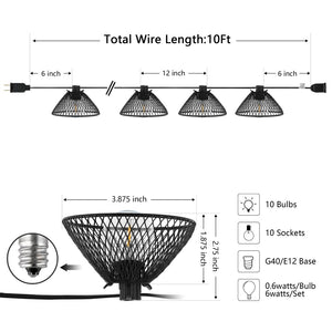 Safavieh JUNIA, 10-Light Outdoor String Lights, 120-Inch Black Metal & Glass for Elegant Patio Ambiance PLT4048A