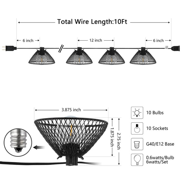 Safavieh JUNIA, 10-Light Outdoor String Lights, 120-Inch Black Metal & Glass for Elegant Patio Ambiance PLT4048A