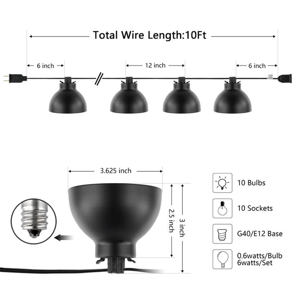 Safavieh CLAUDIE, 10-Light Outdoor String Lights, 120-Inch Black Metal & Glass for Elegant Ambiance Anywhere PLT4049A