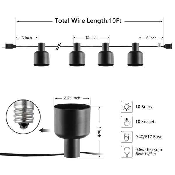 Safavieh ADANER, 10-Light 120-Inch Outdoor String Lights - Elegant Black Lighting for Patios & Gardens PLT4050A