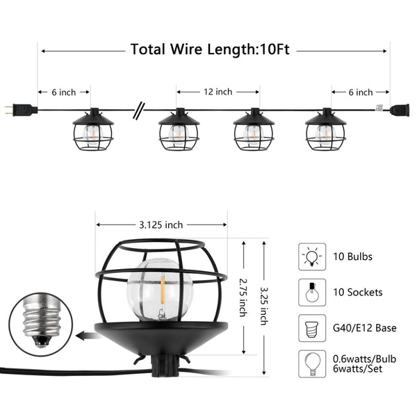 Safavieh AGITHA, 10-Light Outdoor String Lights, 120-Inch Black Cord for Cozy Patios and Garden Parties PLT4051A